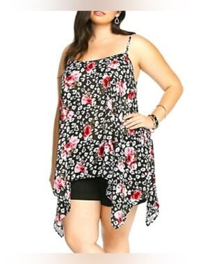 Torrid: Sharkbite Sheer Cami/ 1X / Black White Heart Leopard Spots With Flowers